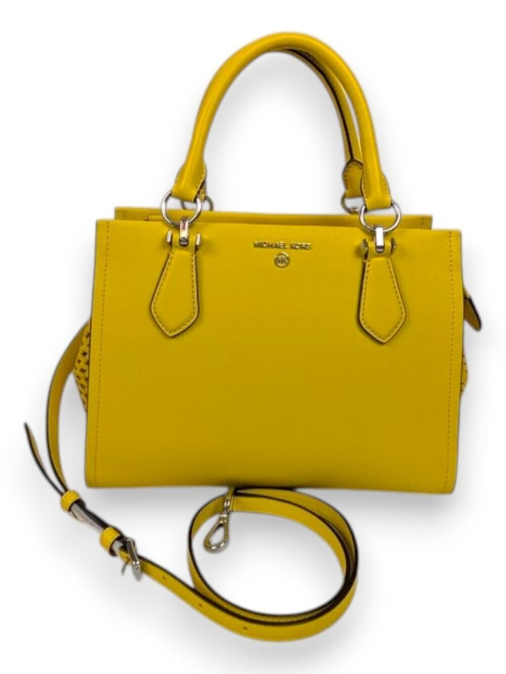 Michael Kors Marilyn Medium Saffiano Leather Woven Sides Purse Satchel Tote NWT